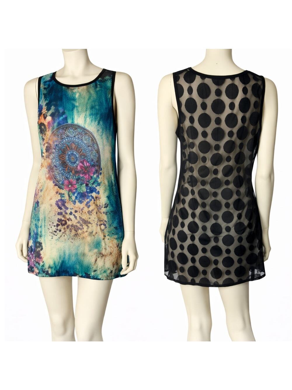 Bacci Colorful Print Mini Dress Sleeveless Sheer Mesh Back Boho Medium
